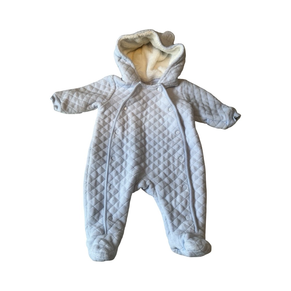 Nordstrom Baby Quilted Bear Ear Hooded Pram Suit Light Blue‎ 3 Months Footed